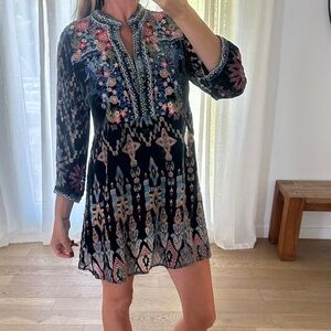 Johnny Was Black and Multicolor Embroidered Mini Dress